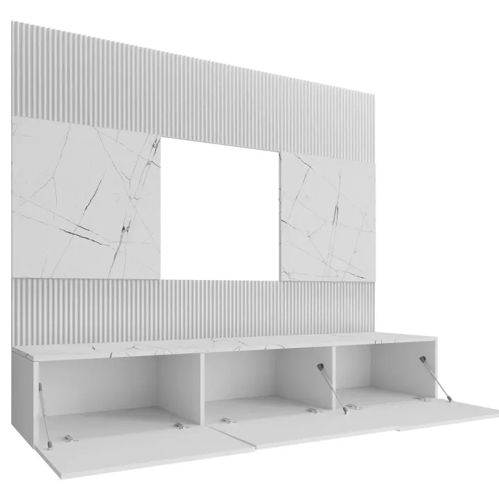 Parete attrezzata sospesa 180x150h cm 3 ante bianco cannettato effetto marmo Ilaria