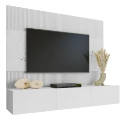Parete attrezzata sospesa 180x150h cm 3 ante bianco cannettato effetto marmo Ilaria