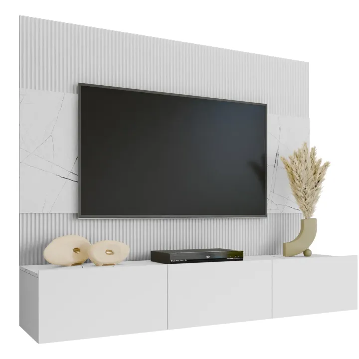 Parete attrezzata sospesa 180x150h cm 3 ante bianco cannettato effetto marmo Ilaria