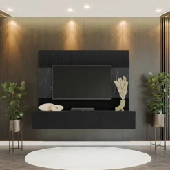 Parete attrezzata sospesa 180x150h cm 3 ante nero cannettato effetto marmo Ilaria