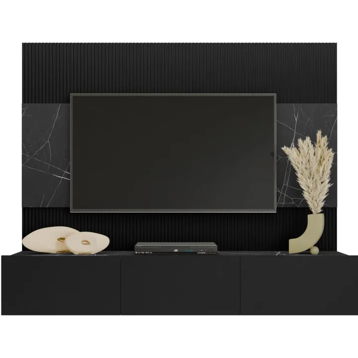 Parete attrezzata sospesa 180x150h cm 3 ante nero cannettato effetto marmo Ilaria