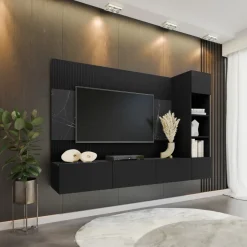 Parete attrezzata sospesa 220x150h cm con colonna nero cannettato effetto marmo Ilaria
