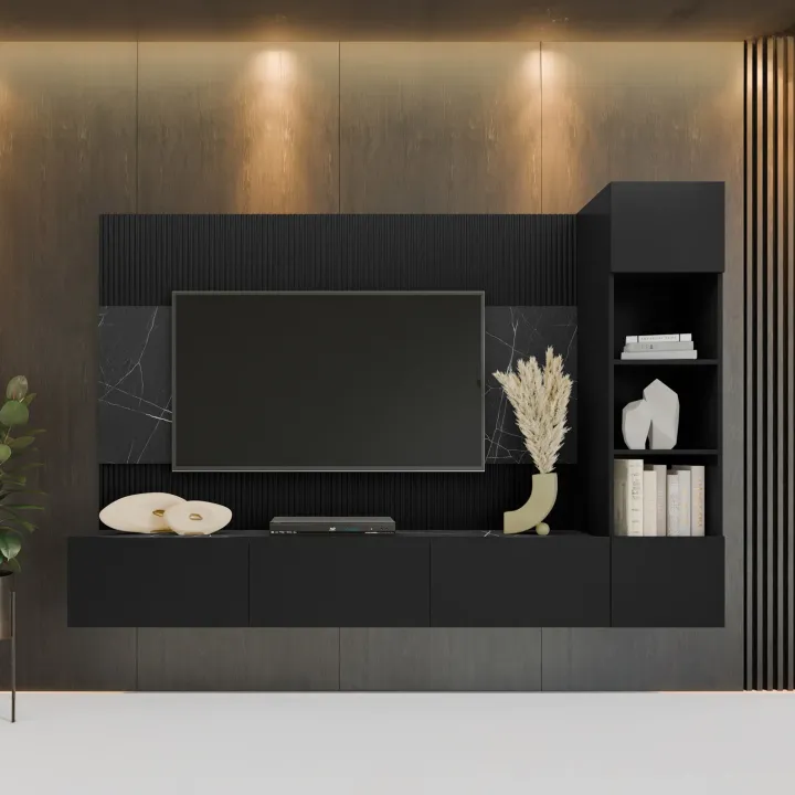 Parete attrezzata sospesa 220x150h cm con colonna nero cannettato effetto marmo Ilaria