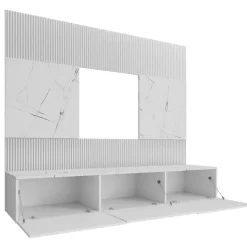 Parete attrezzata sospesa 260x150h cm con colonne bianco cannettato effetto marmo Ilaria
