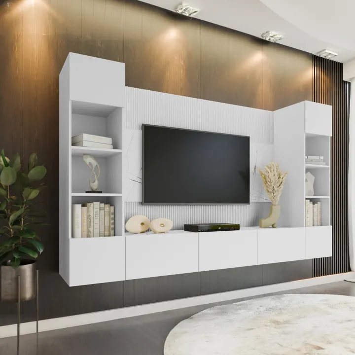 Parete attrezzata sospesa 260x150h cm con colonne bianco cannettato effetto marmo Ilaria