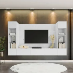 Parete attrezzata sospesa 260x150h cm con colonne bianco cannettato effetto marmo Ilaria