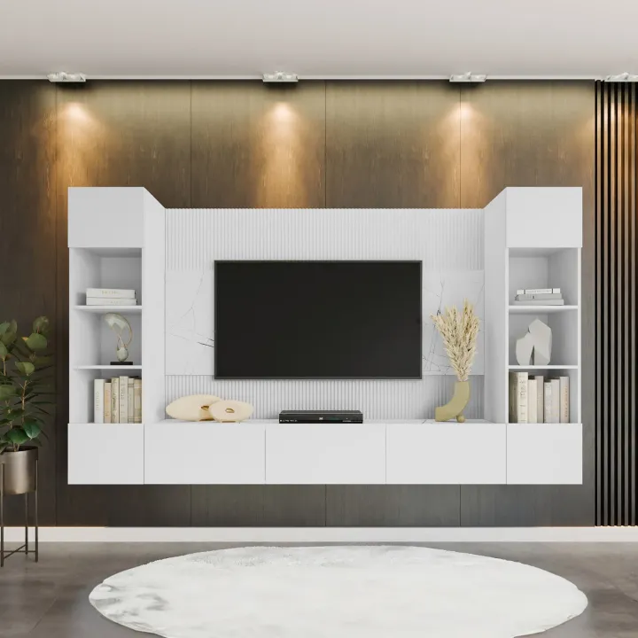 Parete attrezzata sospesa 260x150h cm con colonne bianco cannettato effetto marmo Ilaria
