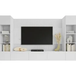 Parete attrezzata sospesa 260x150h cm con colonne bianco cannettato effetto marmo Ilaria