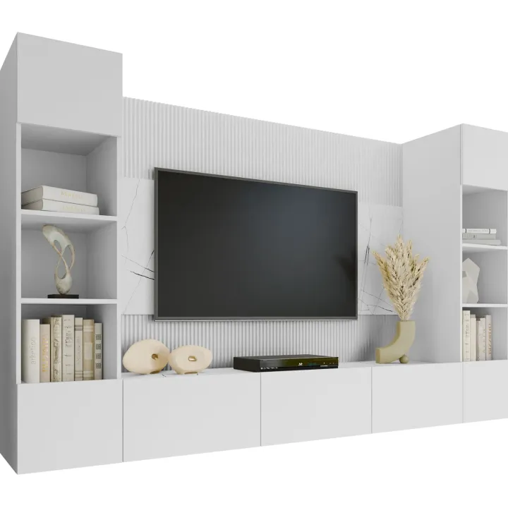 Parete attrezzata sospesa 260x150h cm con colonne bianco cannettato effetto marmo Ilaria