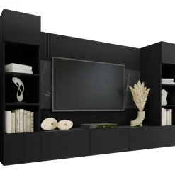 Parete attrezzata sospesa 260x150h cm con colonne nero cannettato effetto marmo Ilaria