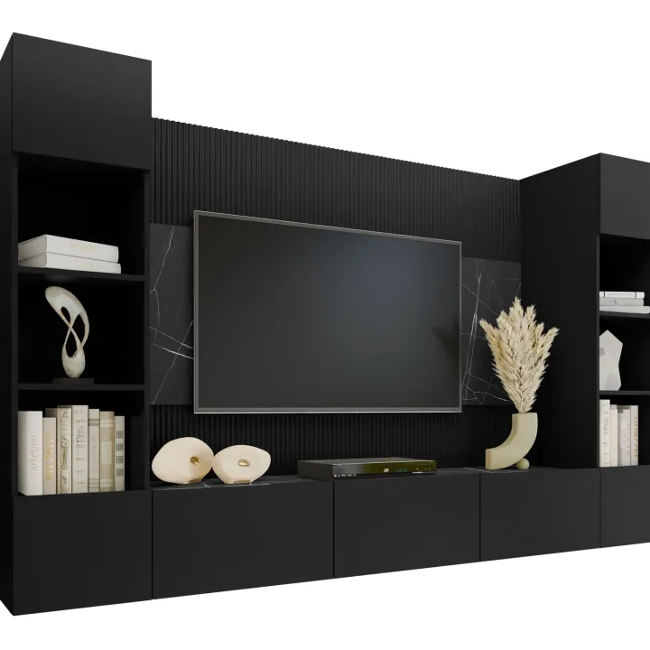 Parete attrezzata sospesa 260x150h cm con colonne nero cannettato effetto marmo Ilaria