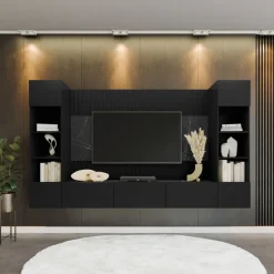 Parete attrezzata sospesa 260x150h cm con colonne nero cannettato effetto marmo Ilaria