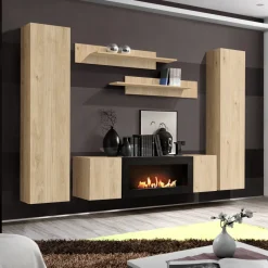 Parete attrezzata sospesa 260x170h cm con biocamino rovere Ignis 5 Gihome®