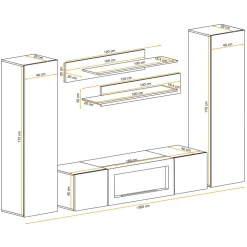 Parete attrezzata sospesa 260x170h cm con biocamino rovere Ignis 5 Gihome®
