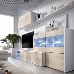 Parete attrezzata 260x183h cm angolare reversibile con led rovere bianco lucido Emily