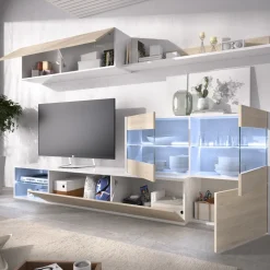 Parete attrezzata 260x183h cm angolare reversibile con led rovere bianco lucido Emily