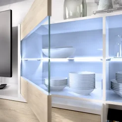 Parete attrezzata 260x183h cm angolare reversibile con led rovere bianco lucido Emily