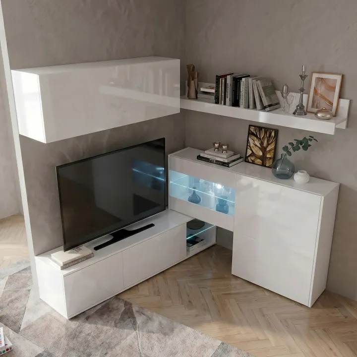 Parete attrezzata 260x167h cm angolare bianco lucido Oslo
