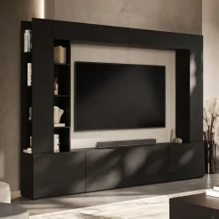 Parete attrezzata 261x194h cm 5 ante a ribalta e libreria 3 ripiani nero grafite Arkansas