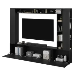 Parete attrezzata 261x194h cm 5 ante a ribalta e libreria 3 ripiani nero grafite Arkansas