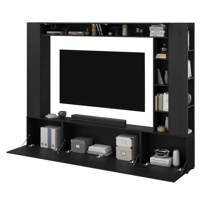 Parete attrezzata 261x194h cm 5 ante a ribalta e libreria 3 ripiani nero grafite Arkansas
