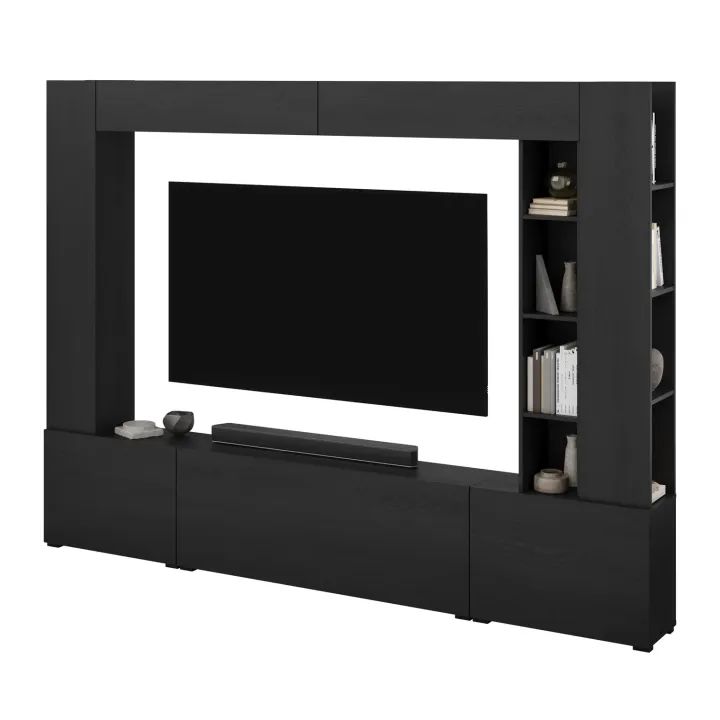 Parete attrezzata 261x194h cm 5 ante a ribalta e libreria 3 ripiani nero grafite Arkansas