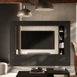 Parete attrezzata 261x194h cm 5 ante a ribalta e libreria 3 ripiani nero grafite Arkansas
