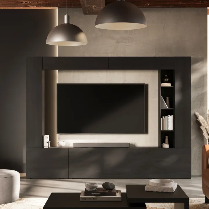Parete attrezzata 261x194h cm 5 ante a ribalta e libreria 3 ripiani nero grafite Arkansas