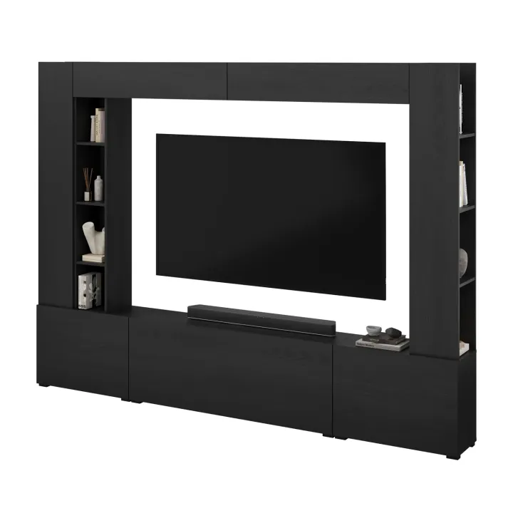 Parete attrezzata 261x194h cm 5 ante a ribalta e libreria 3 ripiani nero grafite Arkansas