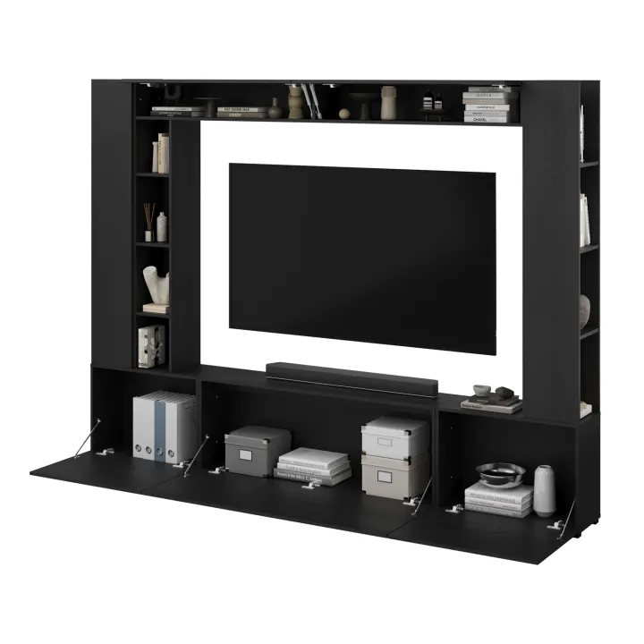 Parete attrezzata 261x194h cm 5 ante a ribalta e libreria 3 ripiani nero grafite Arkansas