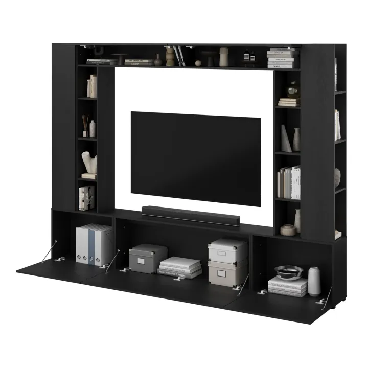 Parete attrezzata 261x194h cm 5 ante a ribalta e 2 librerie a 3 ripiani nero grafite Arkansas
