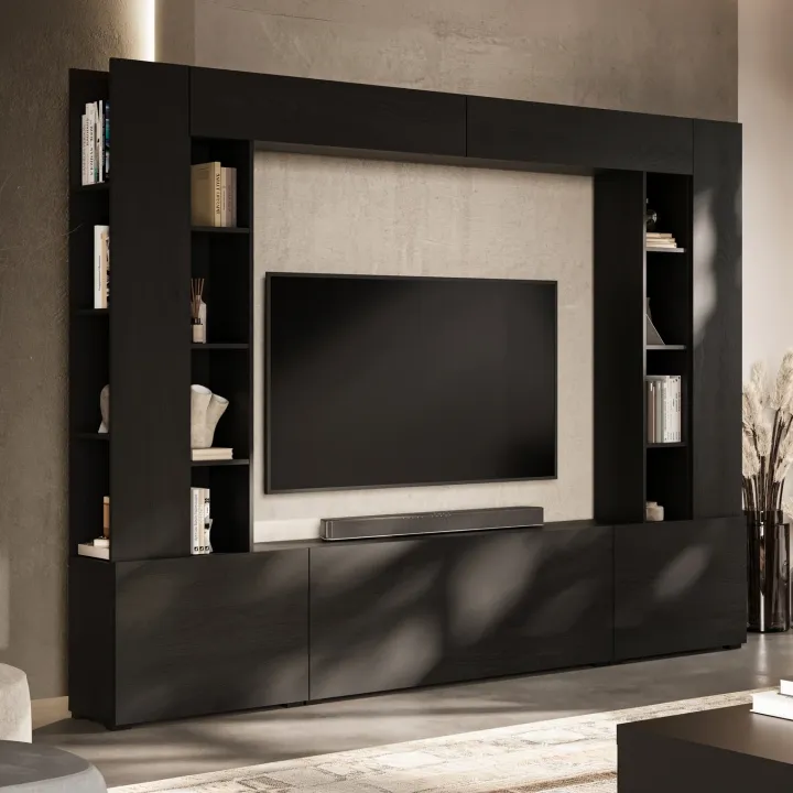 Parete attrezzata 261x194h cm 5 ante a ribalta e 2 librerie a 3 ripiani nero grafite Arkansas