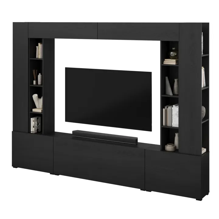 Parete attrezzata 261x194h cm 5 ante a ribalta e 2 librerie a 3 ripiani nero grafite Arkansas