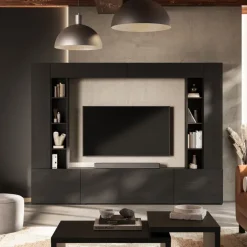 Parete attrezzata 261x194h cm 5 ante a ribalta e 2 librerie a 3 ripiani nero grafite Arkansas