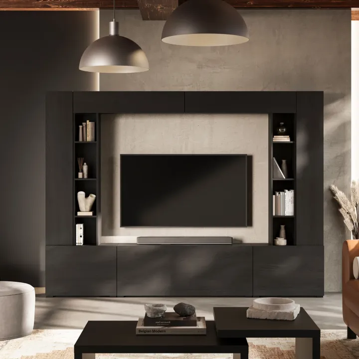 Parete attrezzata 261x194h cm 5 ante a ribalta e 2 librerie a 3 ripiani nero grafite Arkansas