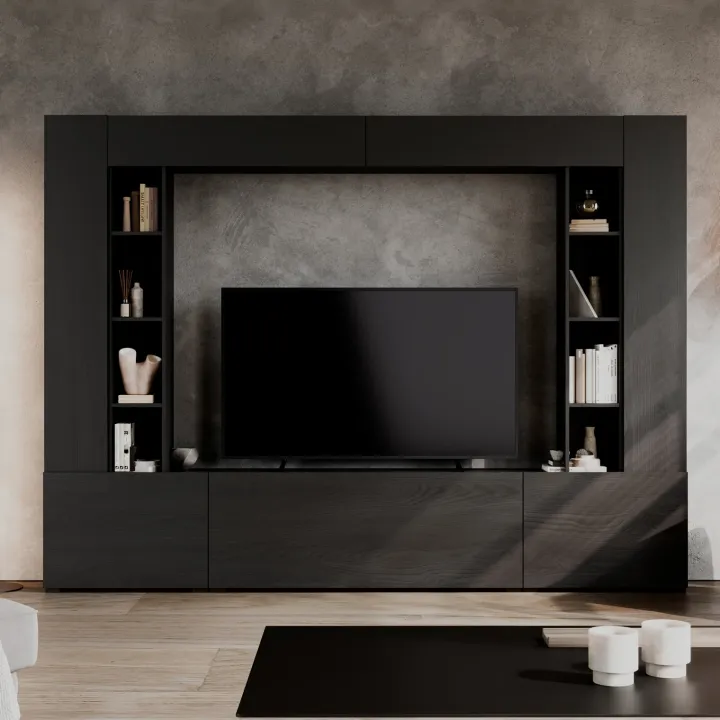 Parete attrezzata 261x194h cm 5 ante a ribalta e 2 librerie a 3 ripiani nero grafite Arkansas