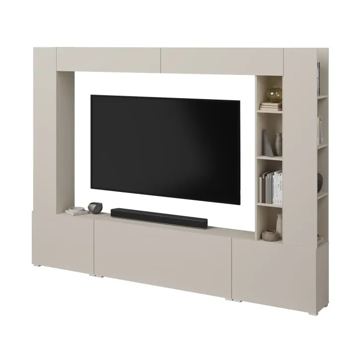 Parete attrezzata 261x194h cm 5 ante a ribalta e libreria 3 ripiani beige cashmere Arkansas