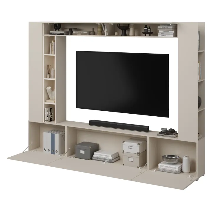 Parete attrezzata 261x194h cm 5 ante a ribalta e libreria 3 ripiani beige cashmere Arkansas