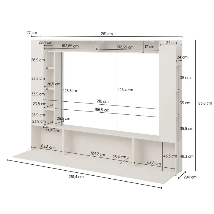 Parete attrezzata 261x194h cm 5 ante a ribalta e libreria 3 ripiani beige cashmere Arkansas