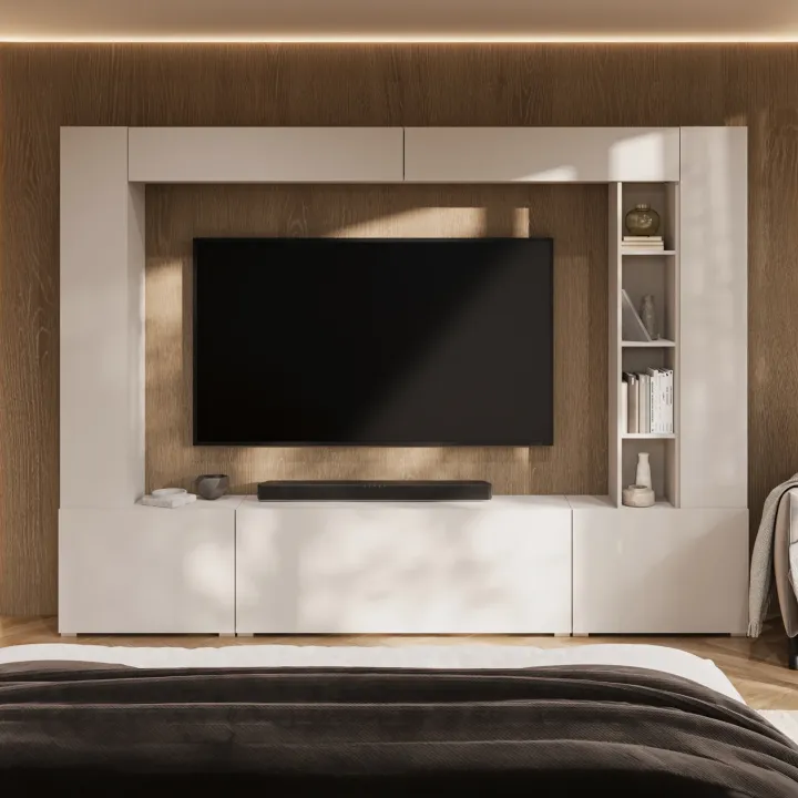Parete attrezzata 261x194h cm 5 ante a ribalta e libreria 3 ripiani beige cashmere Arkansas