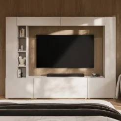 Parete attrezzata 261x194h cm 5 ante a ribalta e libreria 3 ripiani beige cashmere Arkansas