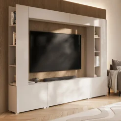 Parete attrezzata 261x194h cm 5 ante a ribalta e libreria 3 ripiani beige cashmere Arkansas