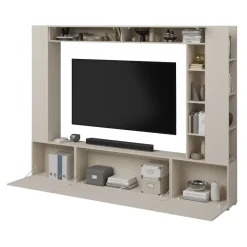 Parete attrezzata 261x194h cm 5 ante a ribalta e libreria 3 ripiani beige cashmere Arkansas