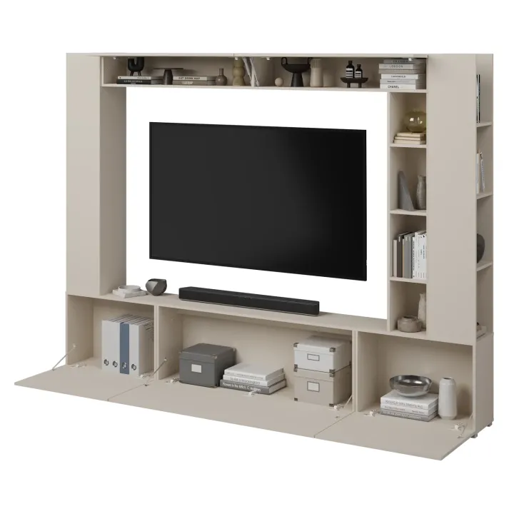 Parete attrezzata 261x194h cm 5 ante a ribalta e libreria 3 ripiani beige cashmere Arkansas