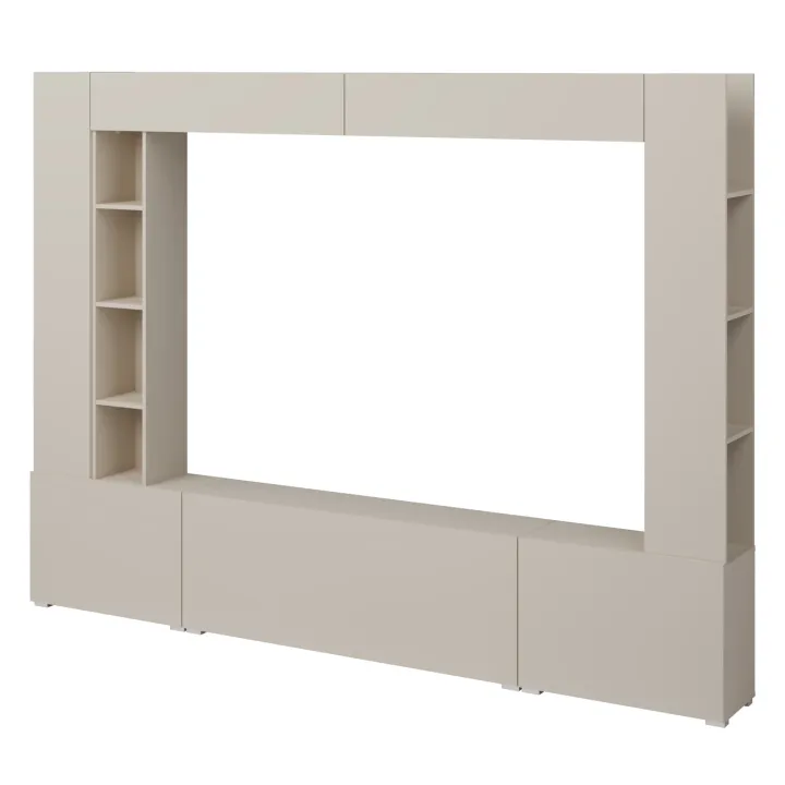 Parete attrezzata 261x194h cm 5 ante a ribalta e libreria 3 ripiani beige cashmere Arkansas