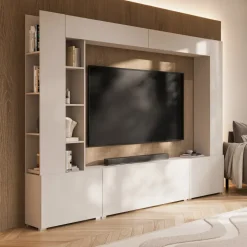 Parete attrezzata 261x194h cm 5 ante a ribalta e libreria 3 ripiani beige cashmere Arkansas