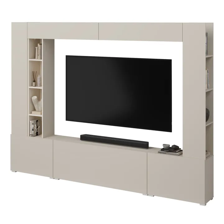 Parete attrezzata 261x194h cm 5 ante a ribalta e libreria 3 ripiani beige cashmere Arkansas
