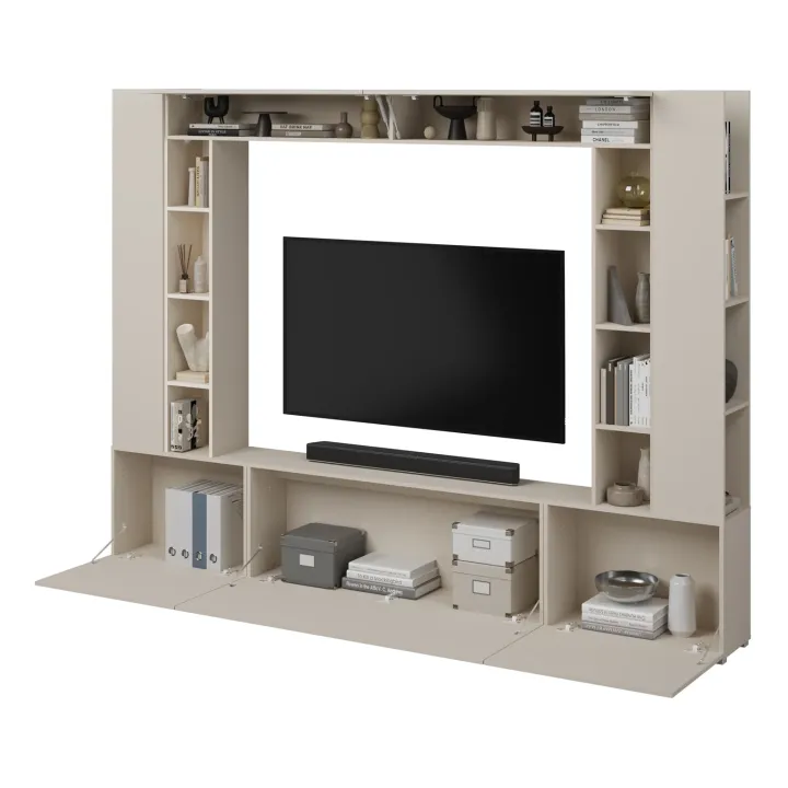Parete attrezzata 261x194h cm 5 ante a ribalta e 2 librerie a 3 ripiani beige cashmere Arkansas