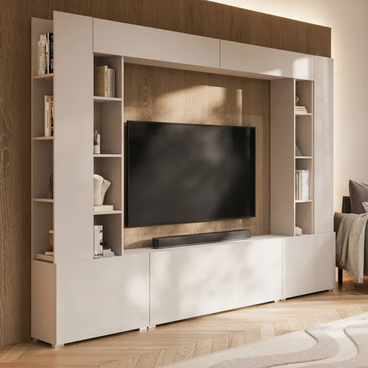 Parete attrezzata 261x194h cm 5 ante a ribalta e 2 librerie a 3 ripiani beige cashmere Arkansas