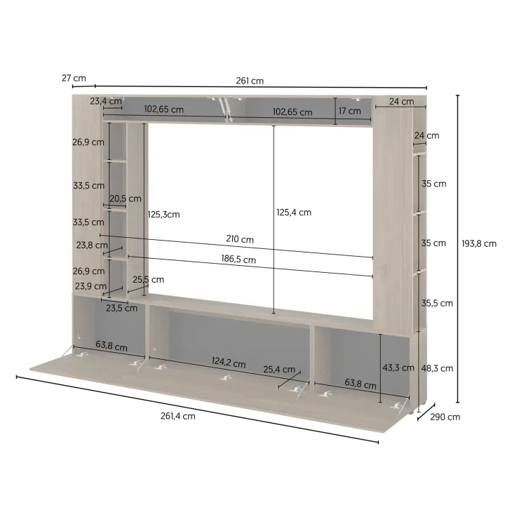 Parete attrezzata 261x194h cm 5 ante a ribalta e libreria 3 ripiani noce Arkansas